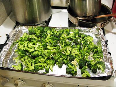 Roast the florets of broccoli in olive oil, salt, pepper and garlic until slightly brown